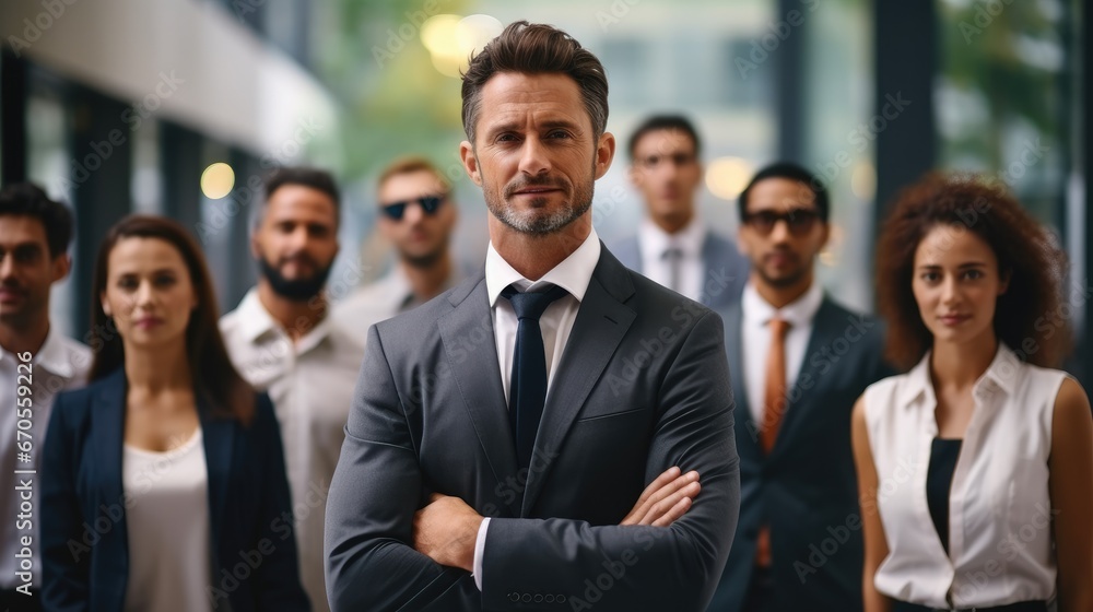 Successful Mixed Race Team, Boss And Business People Group With Mature Leader On Foreground In Office, Leadership Concept. Successful Mixed Race Team, Boss And Business People Group With Mature Leader On Foreground In Office, Leadership Concept.
