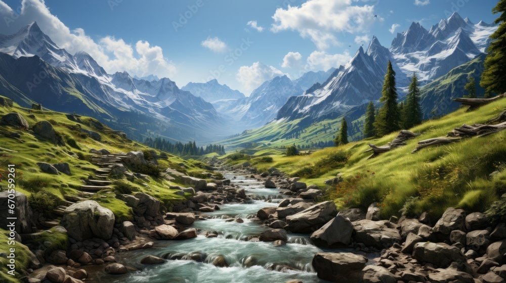 Enchanting Alpine Views: Captivating Mountain Landscapes Amidst Azure Skies and Lush Green Valleys, generative AI
