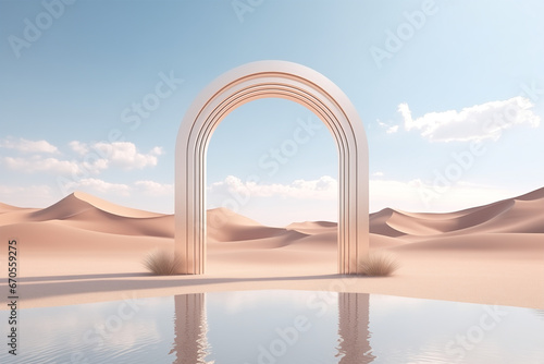 Product display on surreal desert background. Podium showcase on sand dunes  water oasis  beige arch. Empty space