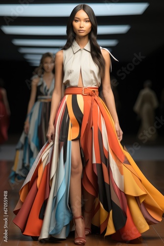 Models walk the runway in colorful skirts.
