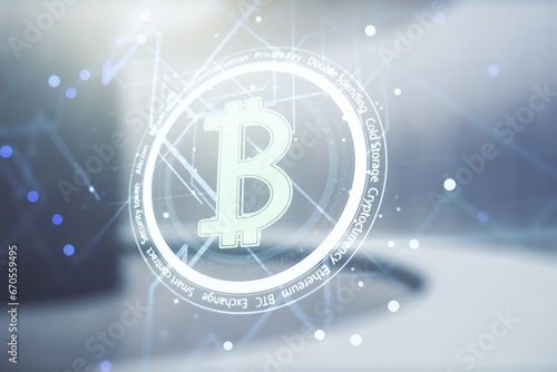 Double exposure of creative Bitcoin symbol hologram on empty modern office background. Cryptocurrency concept