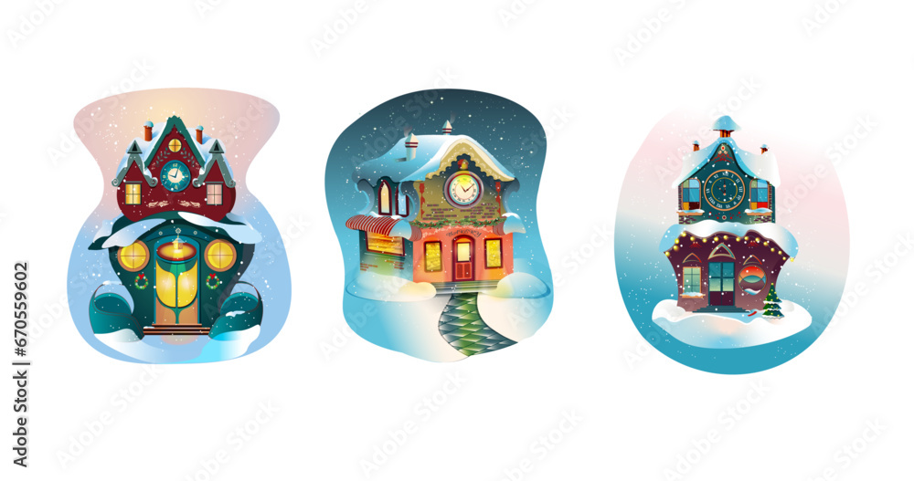 Three  Christmas teamed designs of  houses with intricate details and beautiful clocks. 