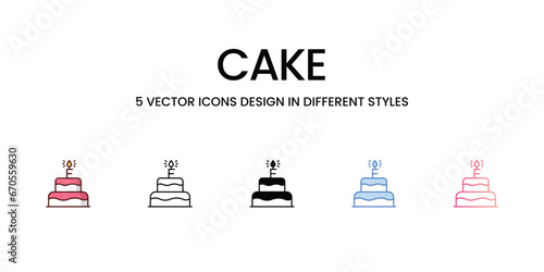 Cake Icons Design in Five style with Editable Stroke. Line, Solid, Flat Line, Duo Tone Color, and Color Gradient Line. Suitable for Web Page, Mobile App, UI, UX and GUI design