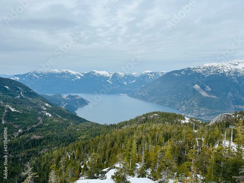 Beautiful view of Howe Sound from the Sea to Sky Gondola observation deck.