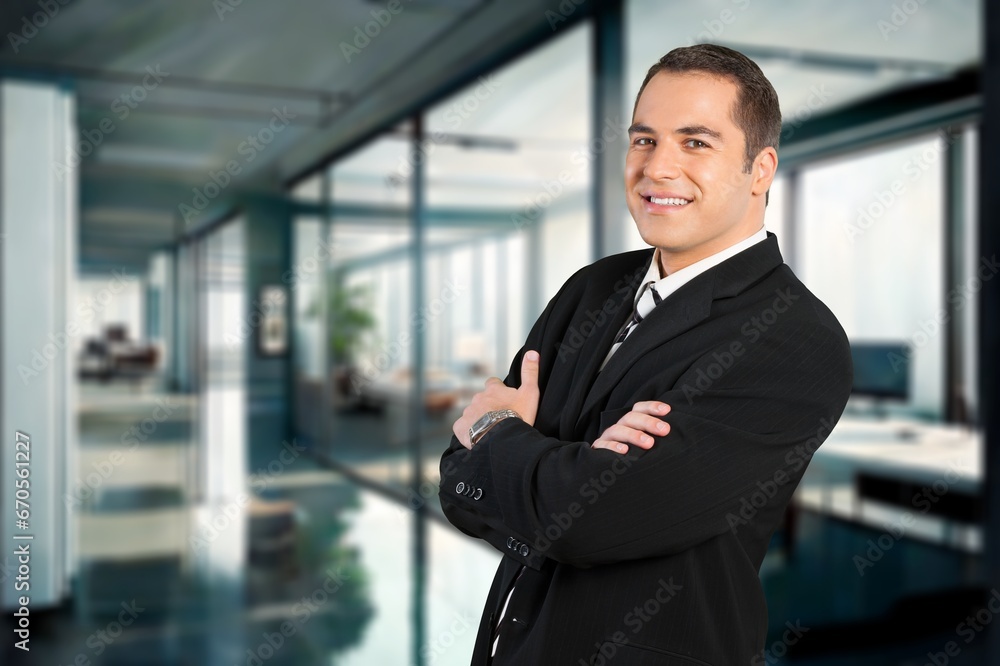 Smiling confident business man standing in office, AI generated image Smiling confident business man standing in office, AI generated image