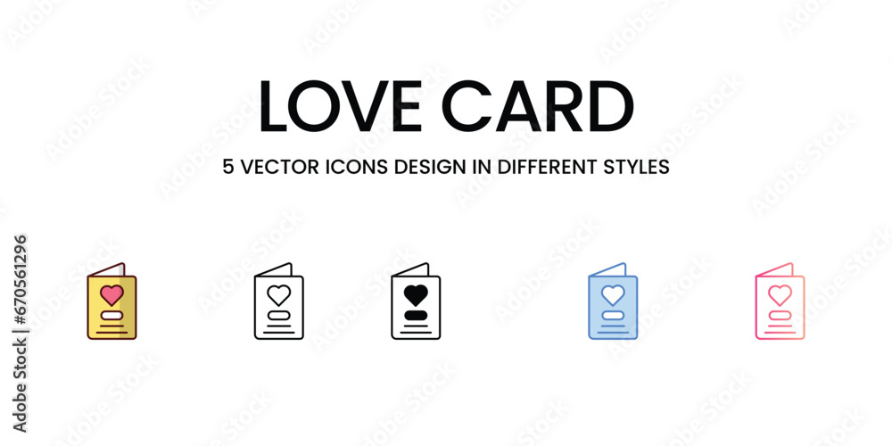 Love Card Icons Design in Five style with Editable Stroke. Line, Solid, Flat Line, Duo Tone Color, and Color Gradient Line. Suitable for Web Page, Mobile App, UI, UX and GUI design
