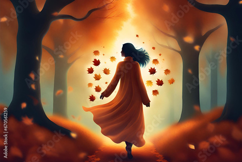 Young woman walking in the autumn forest with falling leaves. Generative AI