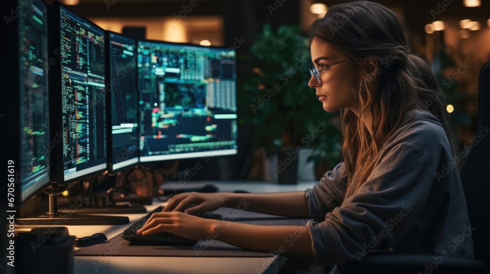 Female Programmer Coding on Desktop Computer With Monitors Setup in modern Office, Woman Monitors Data Protection System For Cyber Security. Female Programmer Coding on Desktop Computer With Monitors Setup in modern Office, Woman Monitors Data Protection System For Cyber Security.