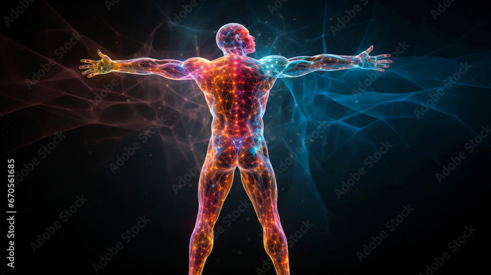 Neurology, cognition, neuronal network, scientific concepts. Neuroscience. Illustration of the human body and its neuronal interconnection. Conceptual image of medicine, human body, health. - obrazy, fototapety, plakaty 