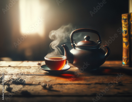 Steaming Pot and Cup of Tea Captured from a Slight Angle