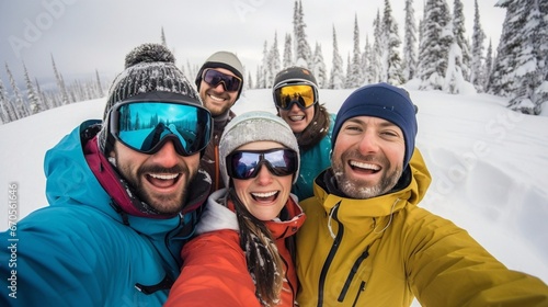 Friends taking selfie wearing winter cloths hiking in snow, cloudy, generative AI. 