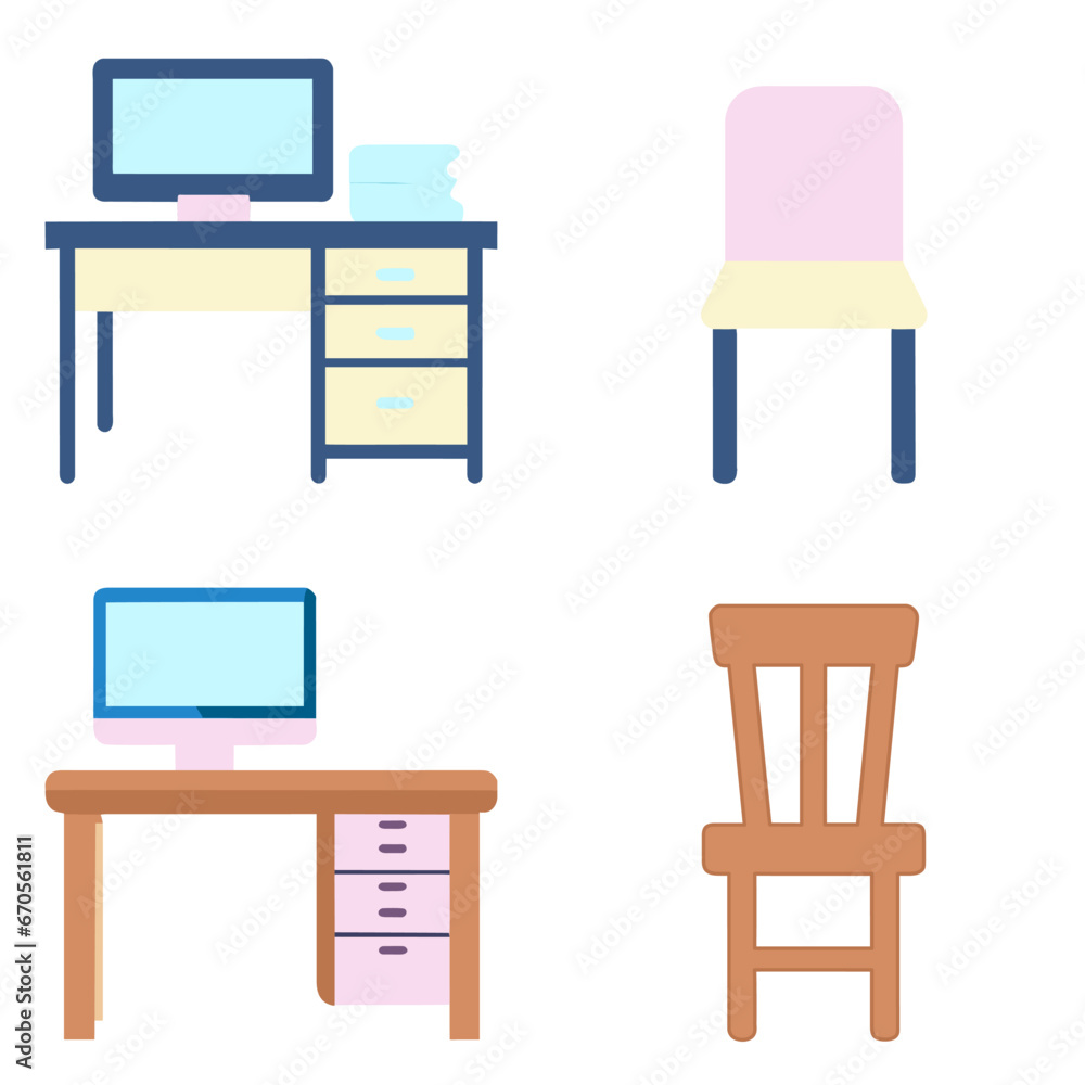 Icon set working place table desk and chair with computer elevation office furniture Icon set working place table desk and chair with computer elevation office furniture