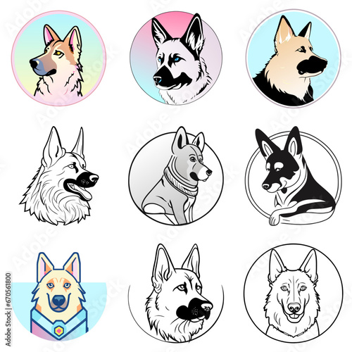 Dog German Shepherd Alsatian pet portrait set flat graphic illustration vector