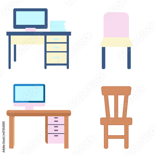 Icon set working place table desk and chair with computer elevation office furniture