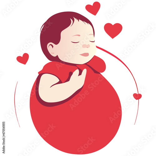 Newborn baby girl close eyes sleeping love red heart flat illustrated vector