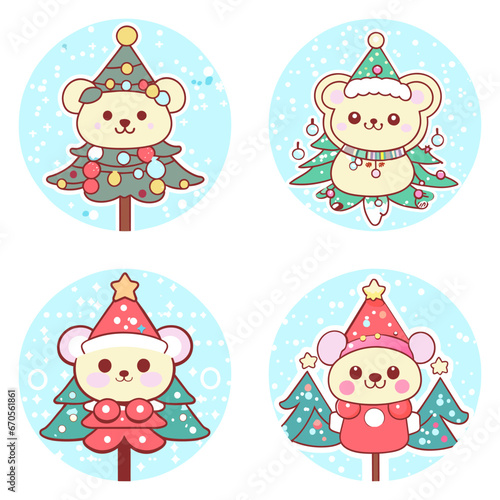 Set of Christmas Tree Cute Teddy Bear Doll Festive illustration vector