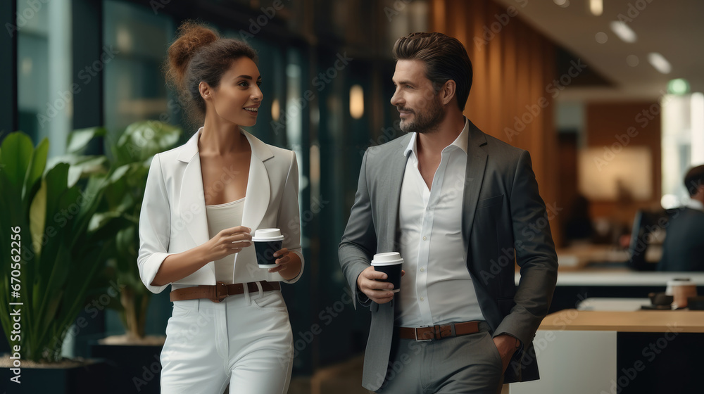 Two diverse professional colleagues walking and talking at office. Two diverse professional colleagues walking and talking at office.