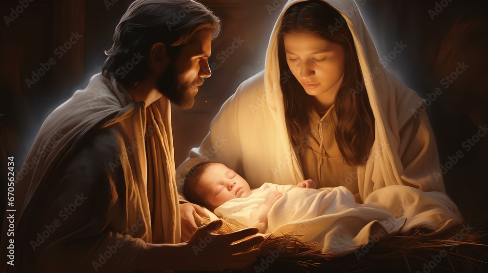 The Nativity of Christ, Joseph and Mary at the cradle of the infant Jesus Christ.