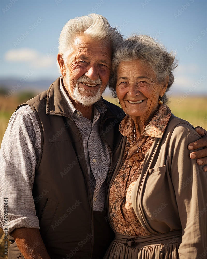 Lifestyle portrait of a smiling, married, goodlooking chilean elderly couple, white hair, looking at camera. Social promotions. Grandparents aging happily, senior love, old age retirement.