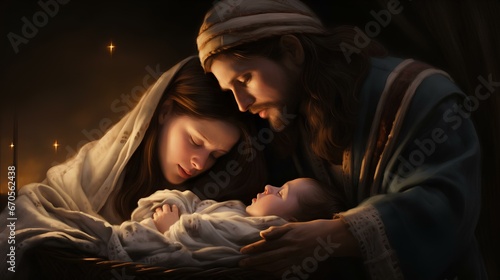 Canvas-taulu The Nativity of Christ, Joseph and Mary at the cradle of the infant Jesus Christ