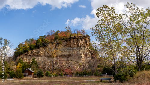 Scenic view of bluffs covered with colorful Autumn foliage at Klondike County Park in St. Charles County, Missouri