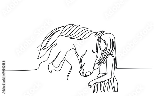 Beautiful girl with her andalusian horse and beautiful warm sunset in the autumn forest. Horse line art. Girl child vector. Isolated animal hand drawn art. Autumnal mood. Emotional attachment monoline