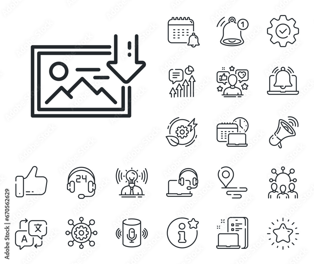 Image thumbnail sign. Place location, technology and smart speaker outline icons. Download photo line icon. Picture placeholder symbol. Download photo line sign. Vector Image thumbnail sign. Place location, technology and smart speaker outline icons. Download photo line icon. Picture placeholder symbol. Download photo line sign. Vector