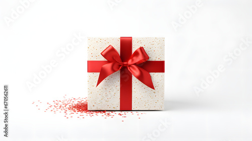 A gift wrapped in the light playful packaging paper with a red silk ribbon and a bow on the solid white background with confetti 