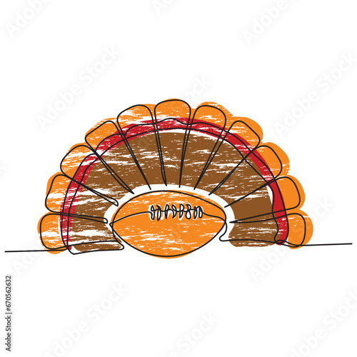 A thanksgiving turkey tail with American football line art. Significance of football during thanksgiving. Festival. Event in american culture associated with thanks giving. Continuous line art vector photo