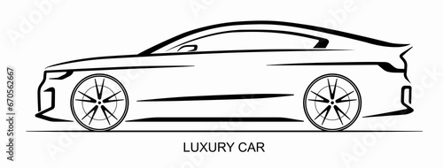 Car silhouette isolated on white background. Side view of the sports sedan. Line art design template. Vector illustration.