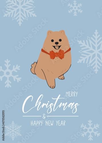 Christmas spitz in hand drawn style. Greeting text Merry Christmas. Beautiful illustration for greeting cards, posters and seasonal design.