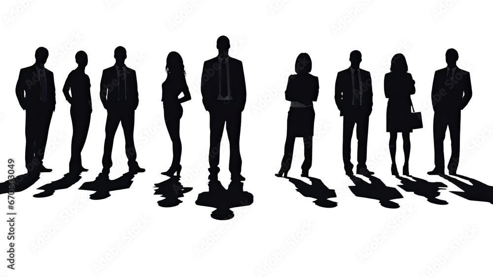 Silhouettes of business people standing, men and women full length in formal office black monochrome illustration isolated on transparent background, PNG file - obrazy, fototapety, plakaty 