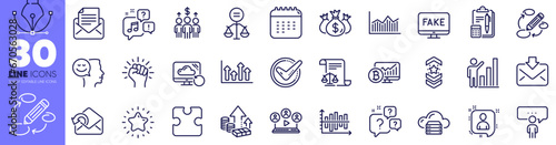 Inflation, Video conference and Keywords line icons pack. Incoming mail, Accounting, Legal documents web icon. Mail correspondence, Consulting business, Star pictogram. Calendar. Vector