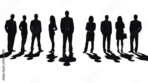 Silhouettes of business people standing, men and women full length in formal office black monochrome illustration isolated on transparent background, PNG file photo