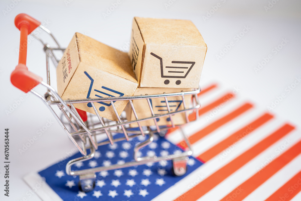 Box with shopping online cart logo and USA America flag, Import Export Shopping online or commerce finance delivery service store product trade, supplier.