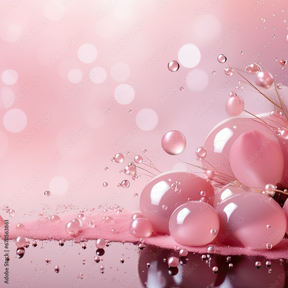 Soft Pink Makeup Composition with Moisturizing Theme and Bubble-Filled Background