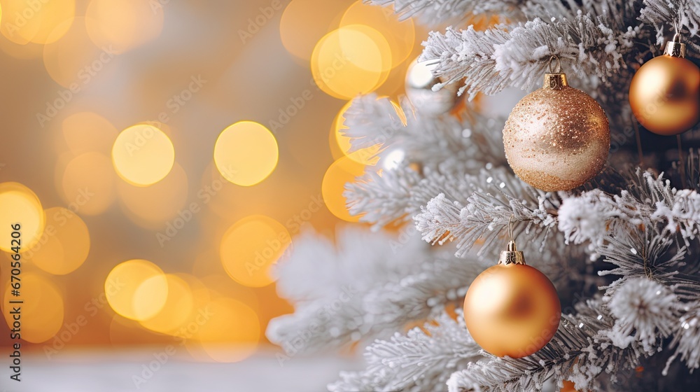 a close up of a christmas tree with gold and silver ornaments and a ...
