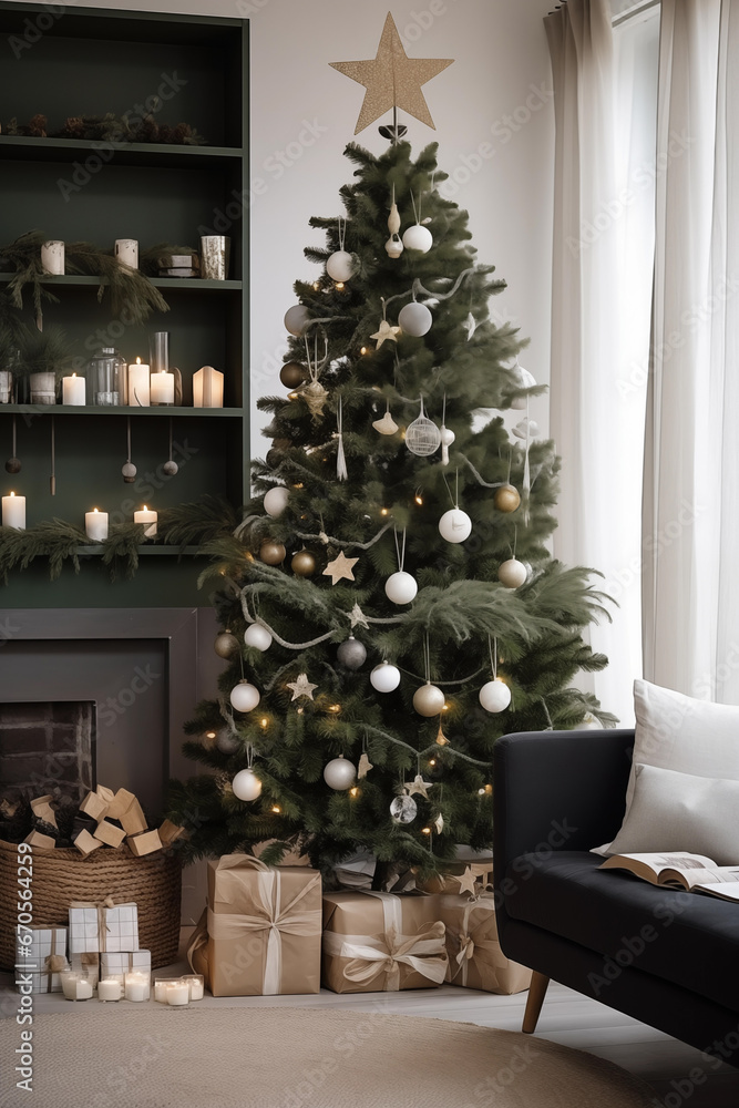 Obraz premium Serene holiday corner with an elegantly decorated Christmas tree and cozy reading nook. Generative AI.