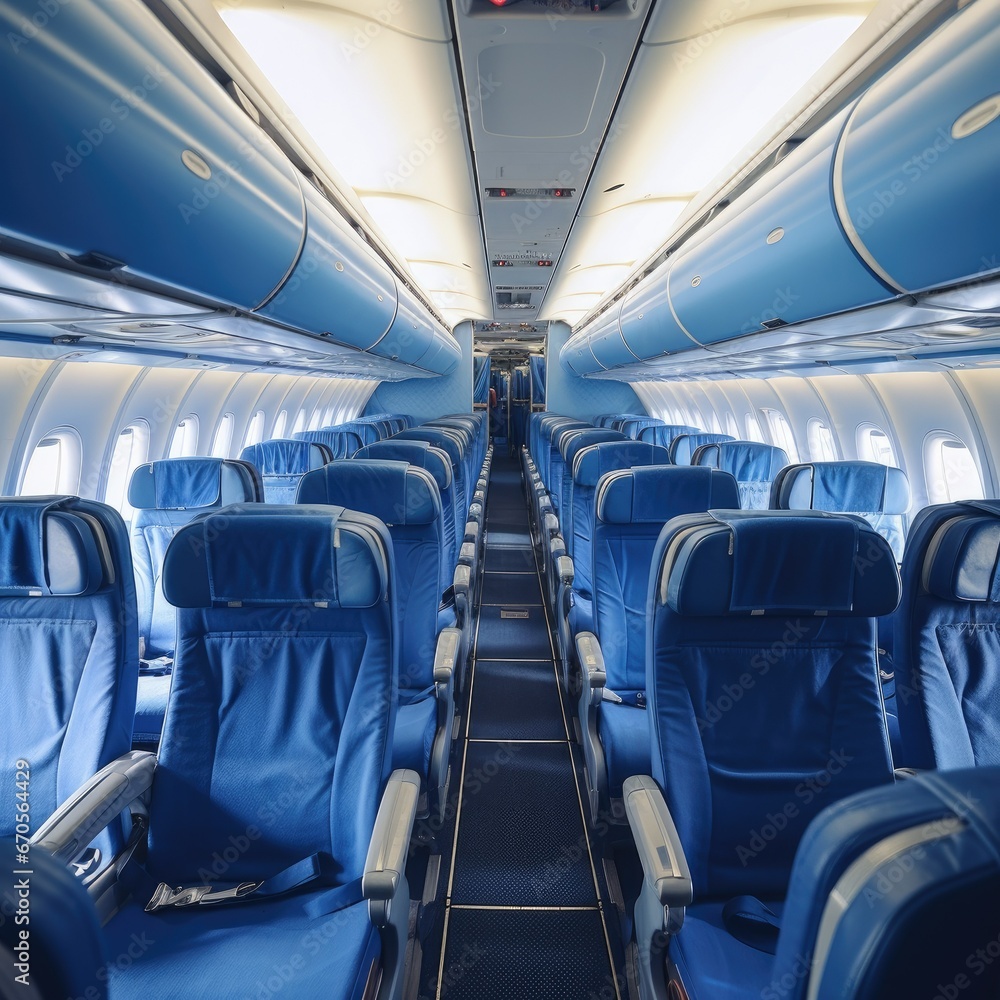 Empty Airplane Cabin With Overheat Compartments Closed and Seats Empty