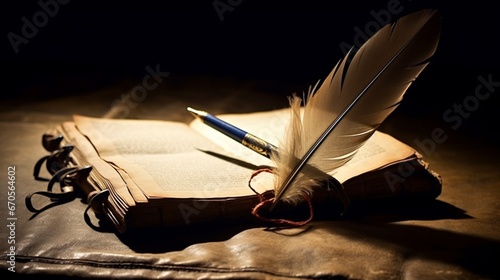 An antique quill pen lying gracefully on an aged parchment book, emphasizing the contrast between the dark ink and the white backdrop.