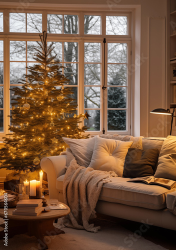Festive ambiance featuring a sparkling tree, plush sofa with cushions, and candles illuminating the space. Generative AI.