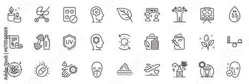 Icons pack as Vaccination passport, Baby carriage and Psychology line icons for app include Uv protection, Sun protection, Bio shopping outline thin icon web set. Plants watering, Stress. Vector