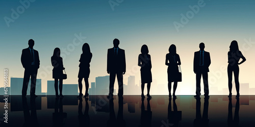 Silhouettes of business people standing, men and women full length in formal office outfits black monochrome illustration isolated background.
