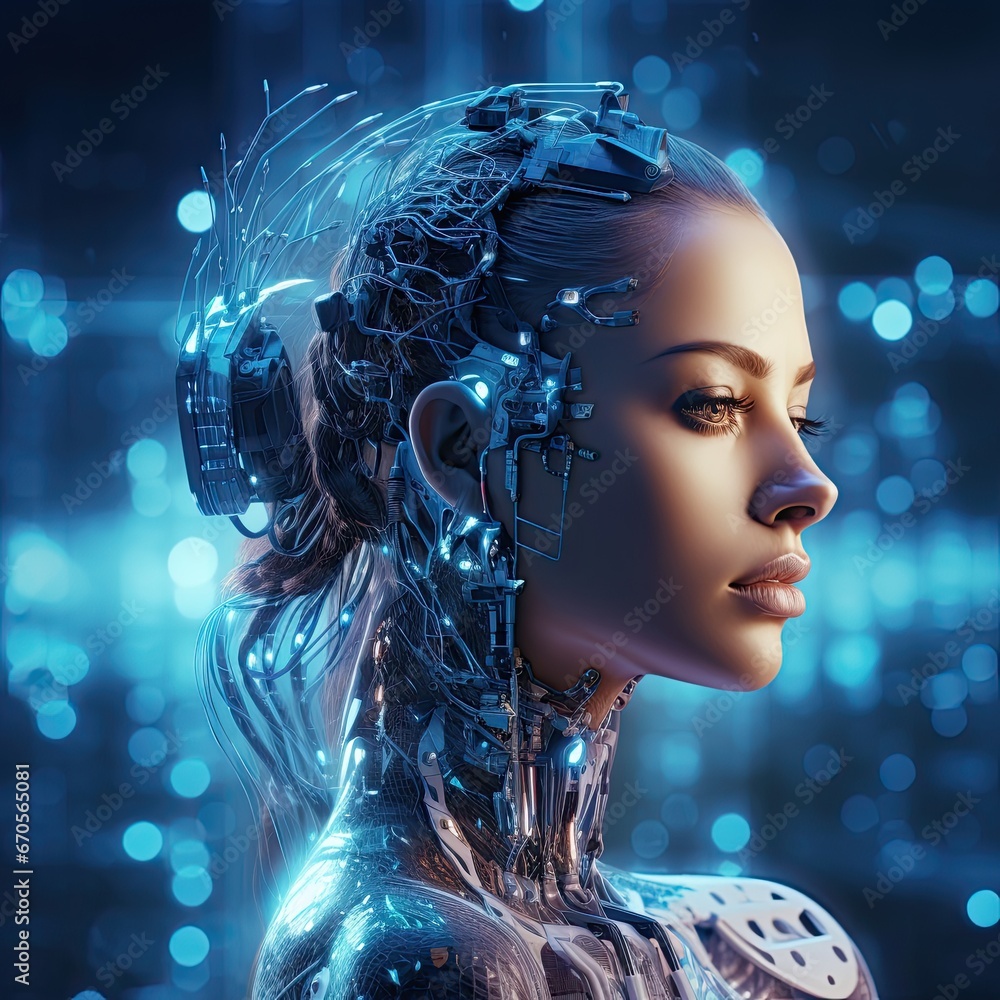 Side view of a humanoid head with vibrant neon neural network representing futuristic technology and artificial intelligence