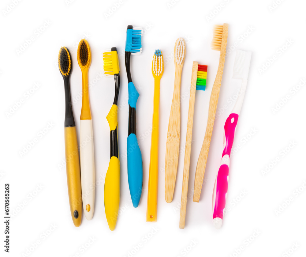 Electric, bamboo and ordinary toothbrushes isolated on white background. Oral hygiene. Eco. Prevention of caries. Dental car. The concept of dentistry and eco-friendly lifestyle. Electric, bamboo and ordinary toothbrushes isolated on white background. Oral hygiene. Eco. Prevention of caries. Dental car. The concept of dentistry and eco-friendly lifestyle.