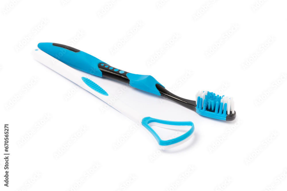Tongue cleaner isolated on white background. Close-up. Prevention of dental plaque and caries. Fresh breath. Dentistry concept. Oral care. Tongue cleaner isolated on white background. Close-up. Prevention of dental plaque and caries. Fresh breath. Dentistry concept. Oral care.