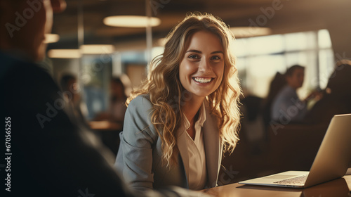 Portrait of happy and successful female programmer inside office at workplace, worker smiling and looking at camera with laptop, golden hour photo