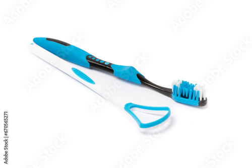Tongue cleaner isolated on white background. Close-up. Prevention of dental plaque and caries. Fresh breath. Dentistry concept. Oral care.
