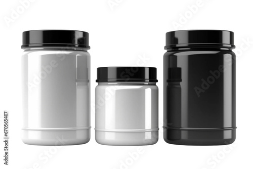 Set of whey protein and mass gainer white, silver, black plastic jar iisolated on transparent background. photo