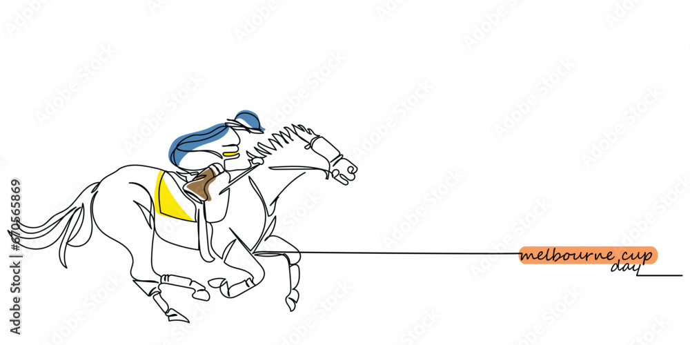 Obraz premium ockey on racing horse. Champion. Hippodrome. Racetrack. Horse riding. Derby. Speed. Isolated on white background. Vector illustration continuous line art. Melbourne cup day November. Vintage postcard